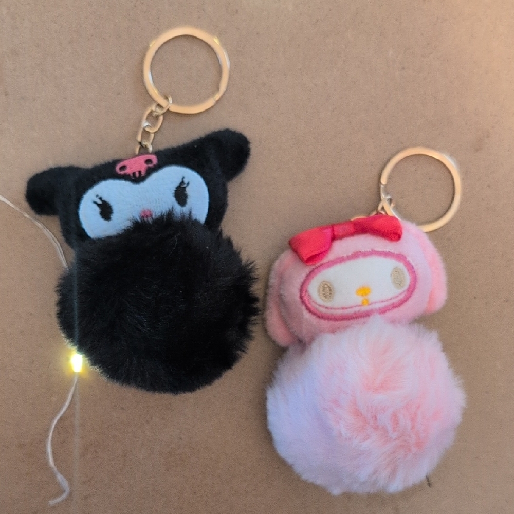 Cute Plush Keychain Charm Set - Black and Pink
